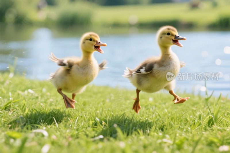 两只小鸭奔跑草地