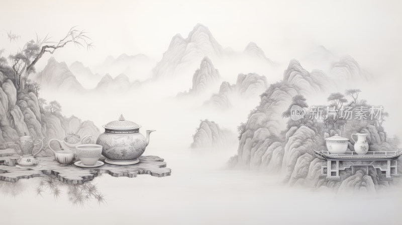 茶杯茶壶茶山茶叶茶树中国风水墨画铅笔画