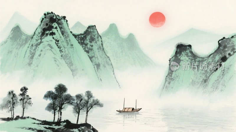 山水水墨风景插画