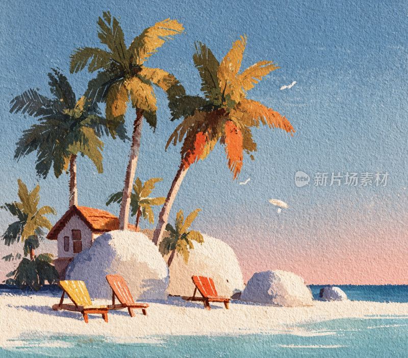 海边度假小屋风景插画