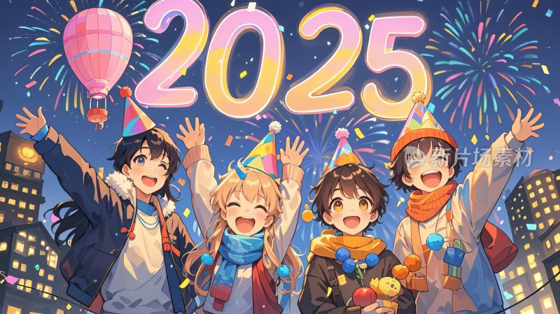 2025蛇年新春儿童烟花庆典插画