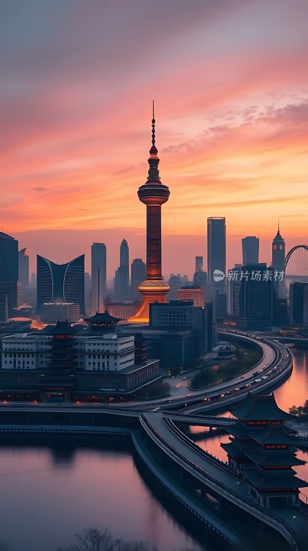 东方明珠与城市天际线日落美景
