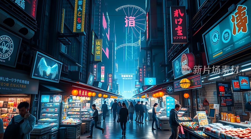 霓虹灯下的繁华夜市