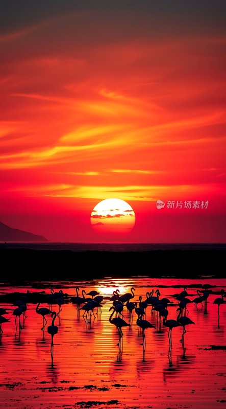 日落下的火红天空与水中的火烈鸟剪影