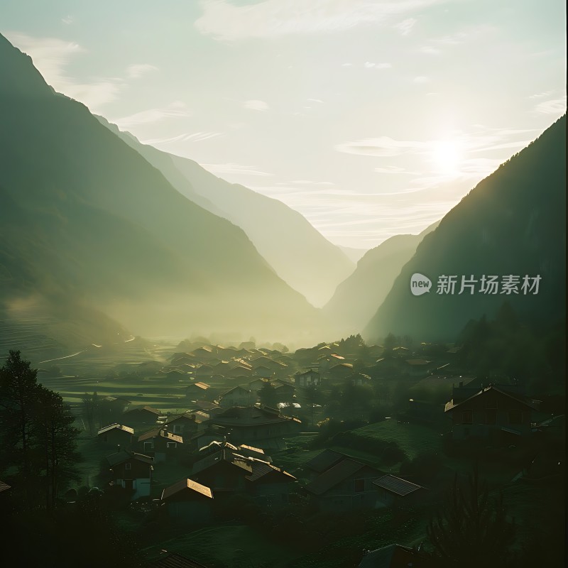 山谷中的晨曦小镇