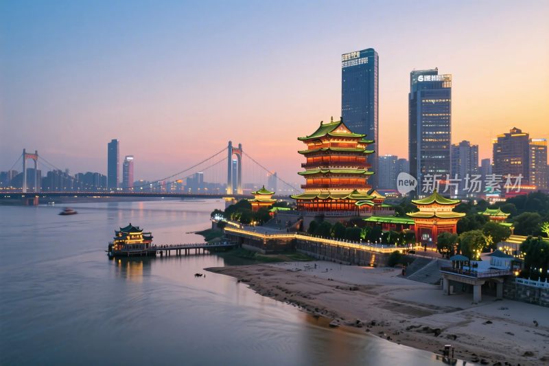 古塔都市江景图