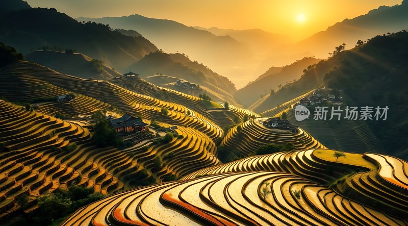 梯田晨曦阳光洒满大地