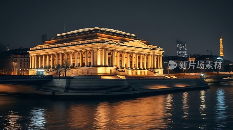 巴黎夜景下的宏伟建筑与埃菲尔铁塔