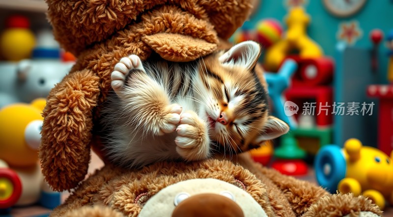 小猫在玩具狗上睡觉