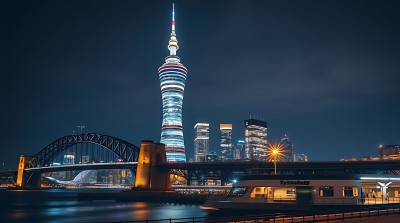 上海夜景东方明珠塔与黄浦江畔灯光璀璨