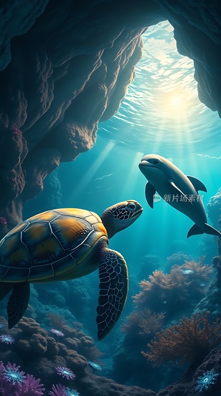 阳光下的海龟与海豚