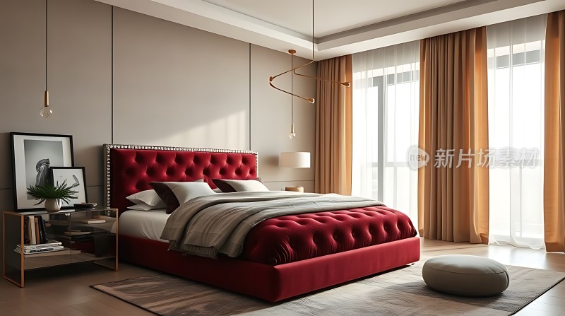 现代卧室设计红色床品搭配简约家具营造温馨舒适的氛围
