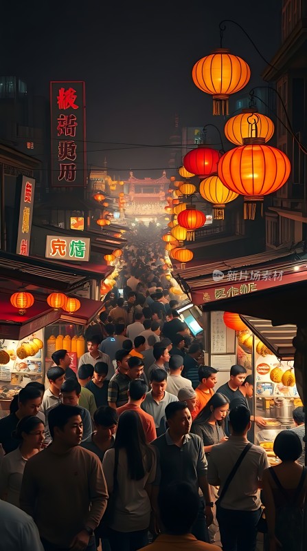 夜市繁华灯笼高挂人潮涌动热闹非凡