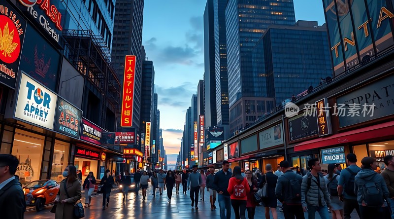 繁华都市夜景霓虹闪烁人群熙攘