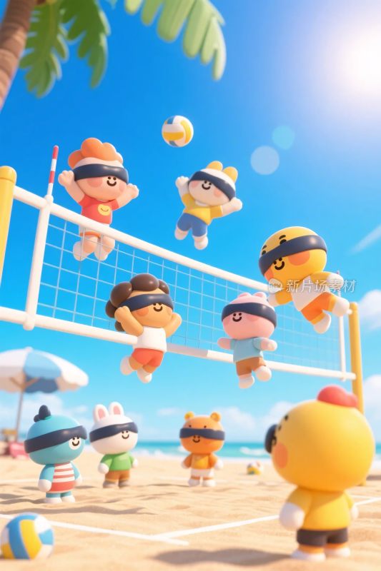卡通角色沙滩排球插画