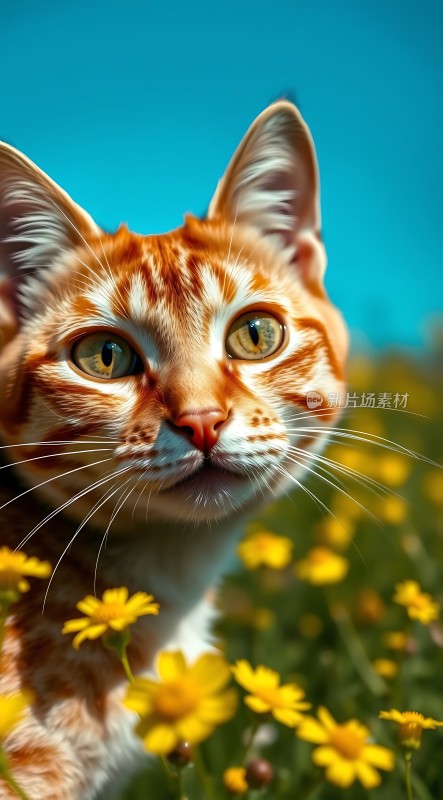 阳光下的橘猫与黄色小花