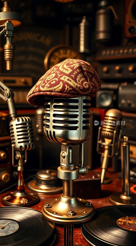 复古麦克风与黑胶唱片