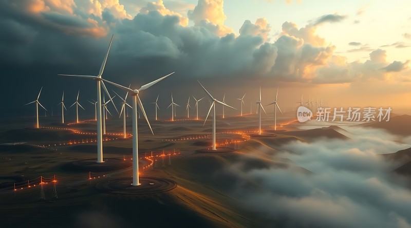 风车林立云雾缭绕日出日落映照大地