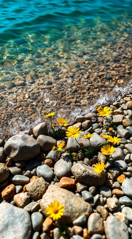 碧波轻抚石滩黄花绽放