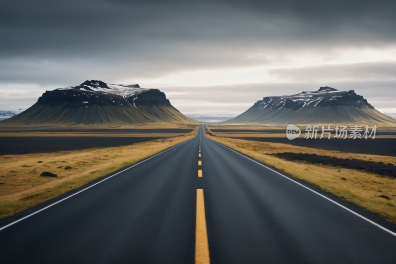 道路有山脉一条黄线高清风景图片