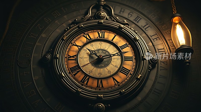 古铜色时钟与昏黄灯光