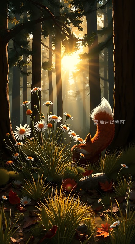 阳光下的森林小径上的狐狸