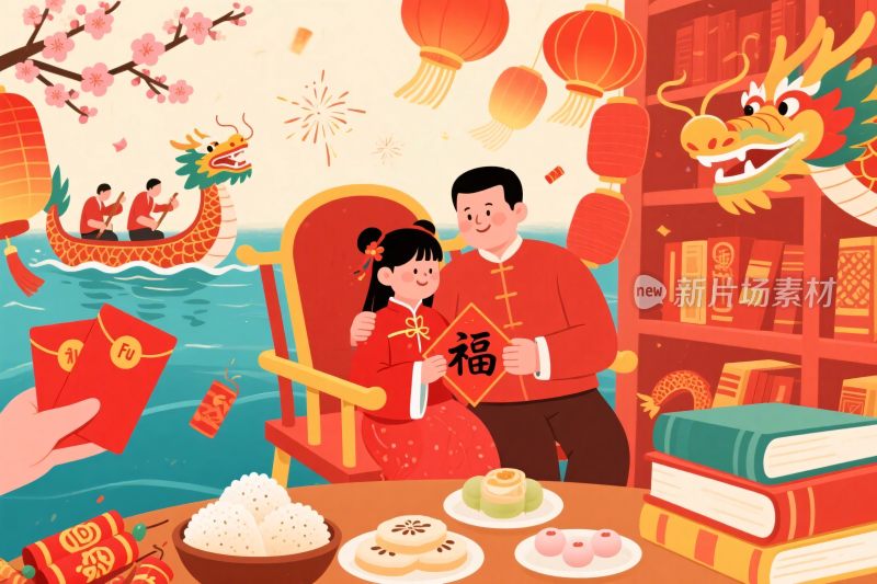 春节民俗团圆插画