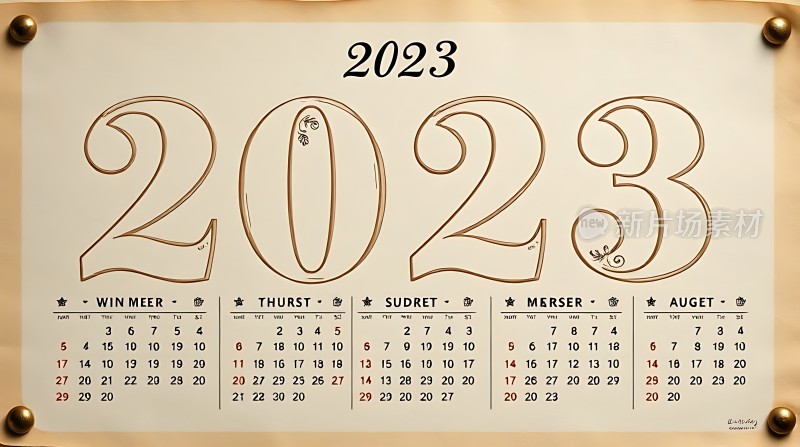 2023年日历金色数字与月份排列