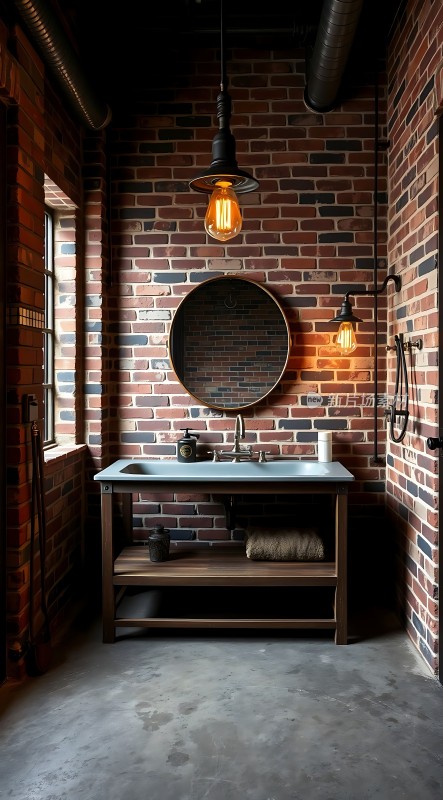 复古工业风浴室砖墙木制洗手台圆形镜子与吊灯