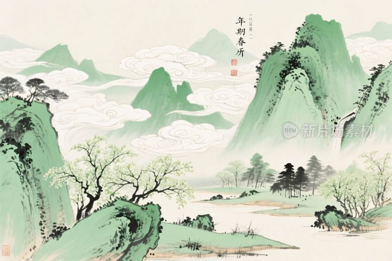 传统山水水墨插画