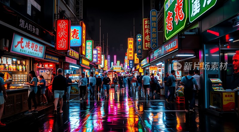 霓虹灯下的繁华夜市