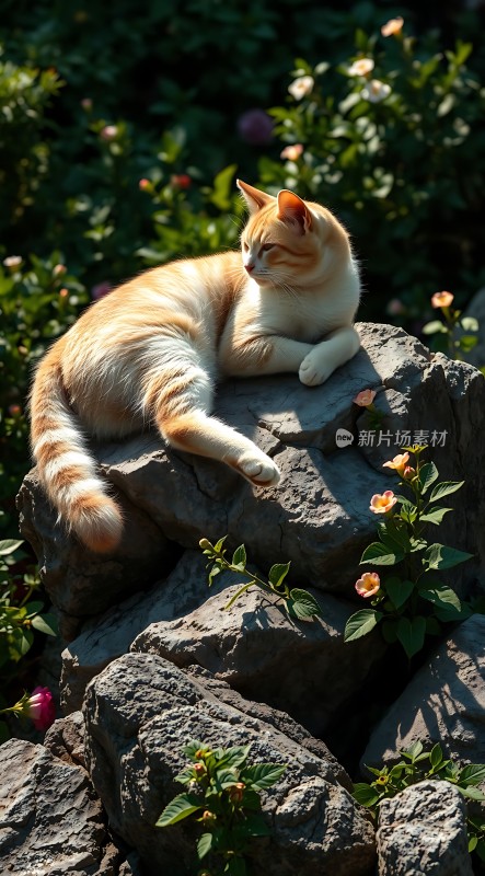 阳光下的橘猫与花朵