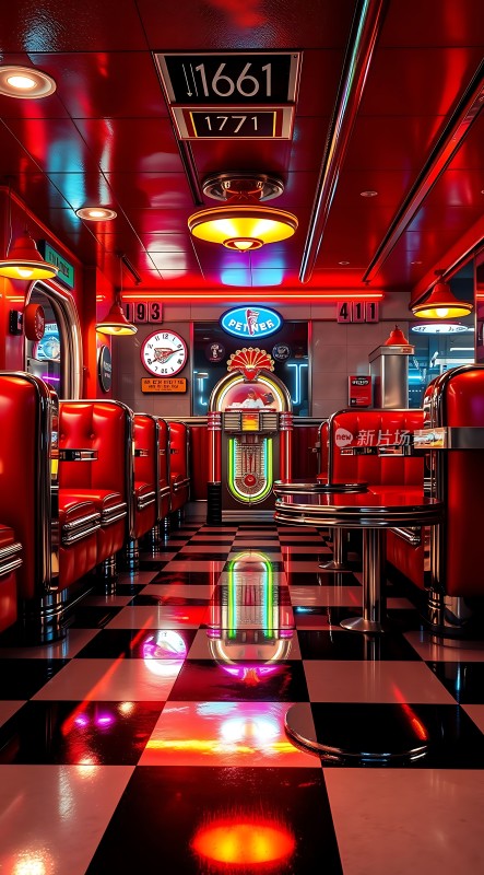 复古餐厅霓虹灯与红白相间的座椅营造出温馨的氛围