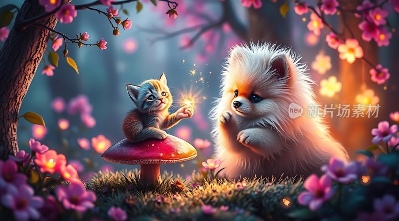 小猫小狗共赏花