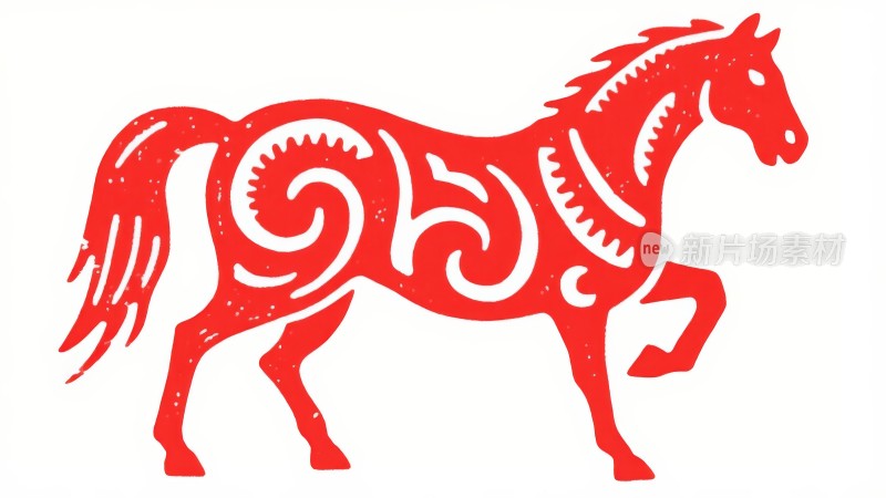 红色中国马，马年艺术剪影剪纸