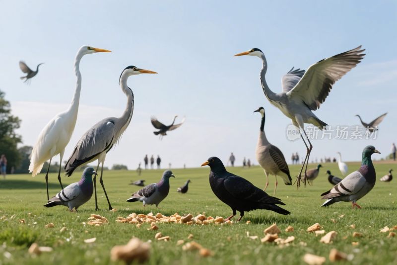 多种鸟类栖息草地场景