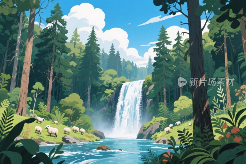 森林瀑布风景插画