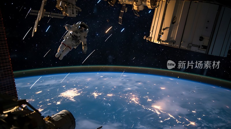 宇航员太空行走地球夜景