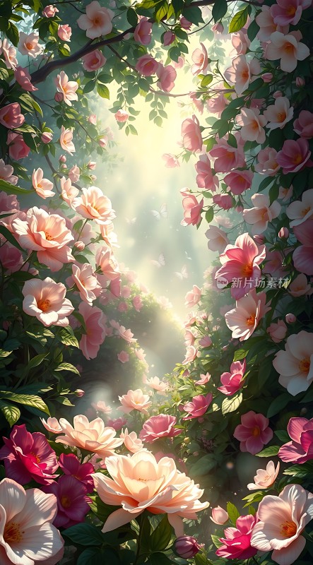 阳光下的粉色花海