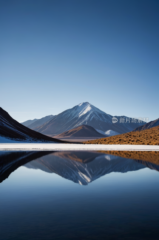 山倒映在晴朗的天空的湖泊中高清风景图片