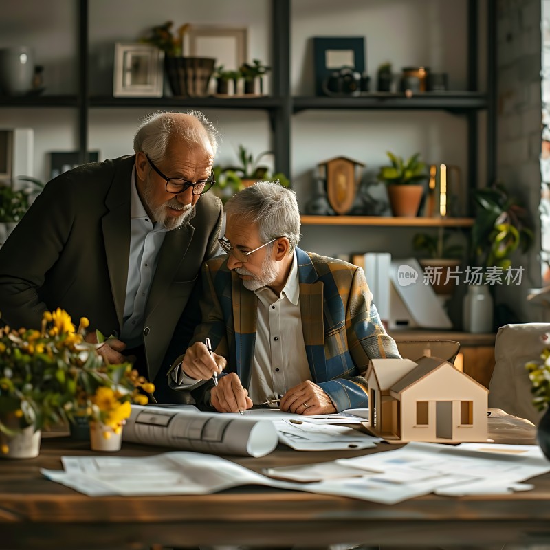 两位老人在办公室里讨论建筑模型和图纸