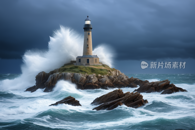 海浪拍打着一座天空漆黑岩石岛上灯塔风景