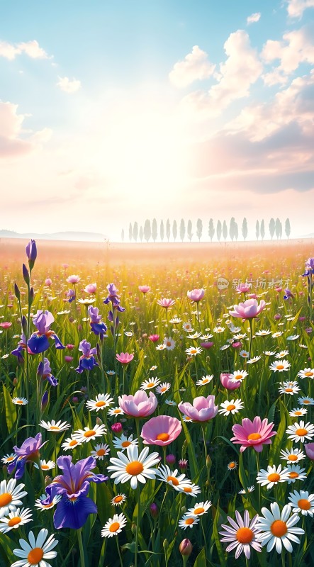 阳光下的紫色鸢尾花与白色雏菊