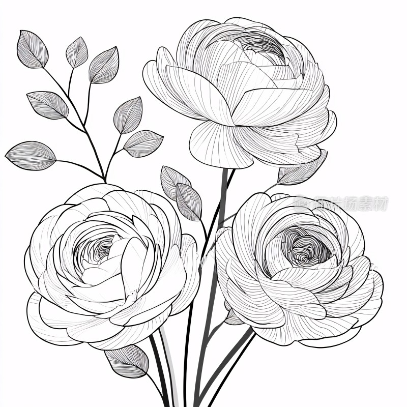 黑白线条花卉插画