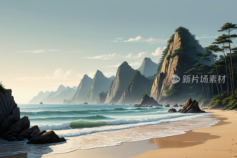 山脉的海滩高清风景插画图片