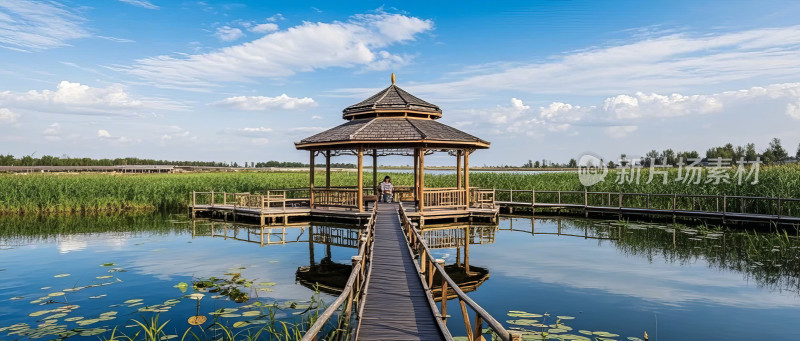 夏日荷塘亭台水景园林风光旅游胜地