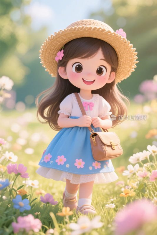 卡通小女孩花丛间