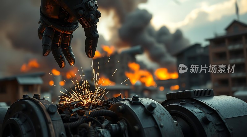 机械手臂焊接废墟背景