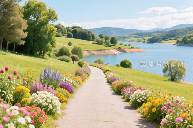 春日郊外花径湖景