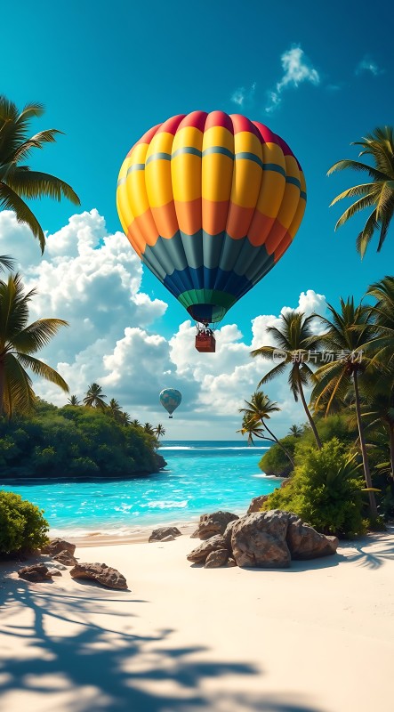 热气球飞跃碧海蓝天